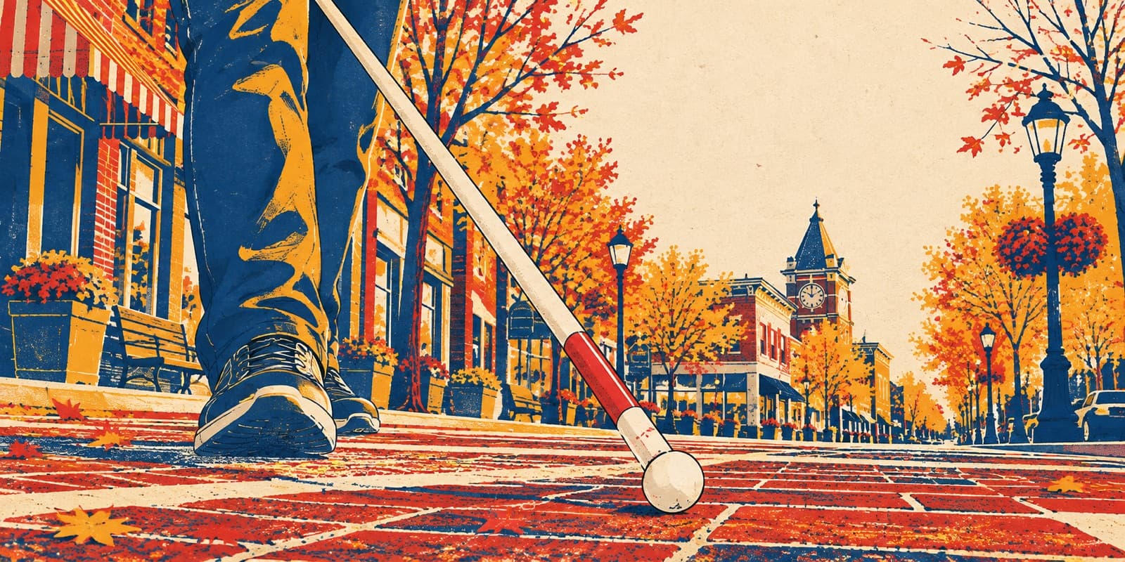 Illustration of a white cane with a red band on a brick sidewalk in autumn.